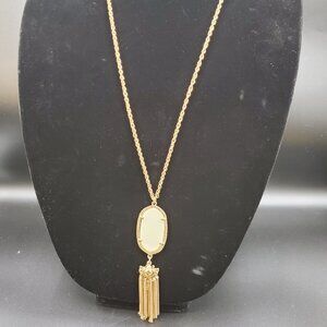 Gold Tone Chain with Ivory Oval Pendant & Flowing Tassel Necklace
